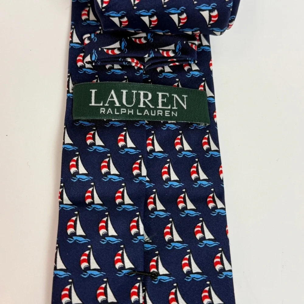 Lauren Ralph Lauren Mens 100% Silk Woven Blue Nautical Sailboat Tie Navy Red